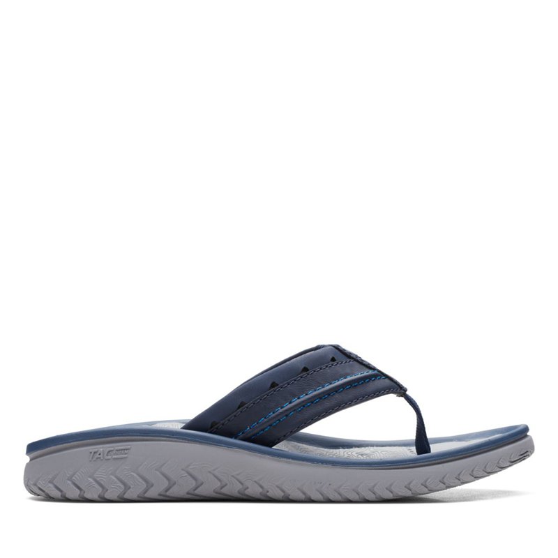 Navy Men's Clarks Wesley Post Flip Flops | 64872836